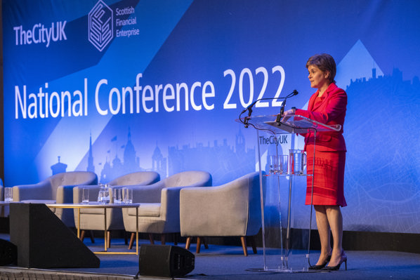 A photo of the Rt Hon Nicola Sturgeon MSP, former First Minister of Scotland, giving a speech at TheCityUK National Conference